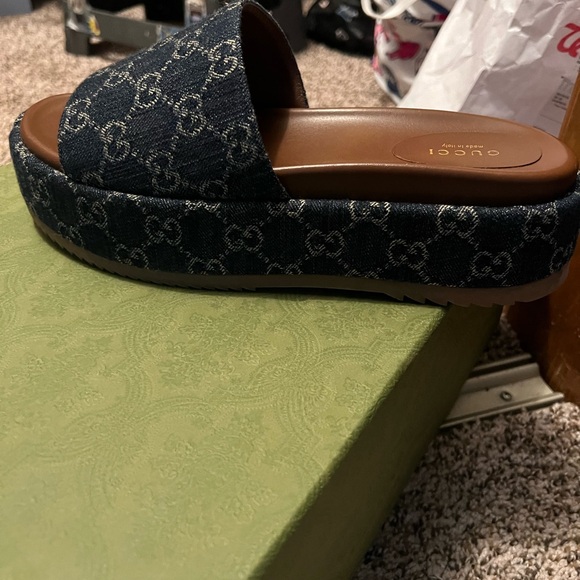 Gucci Blue Monogram Platform Sandals - Picture 1 of 5